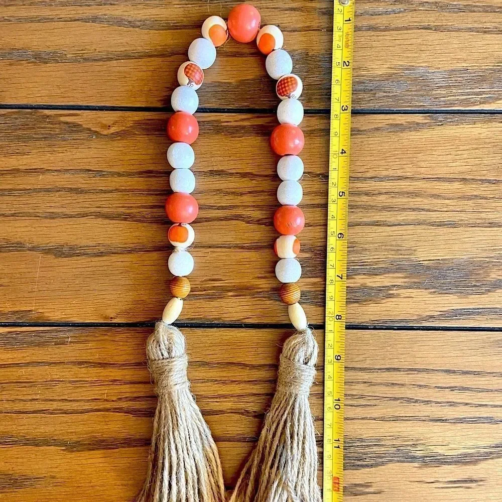 NEW Wood Bead Garland with Plaid Tassels